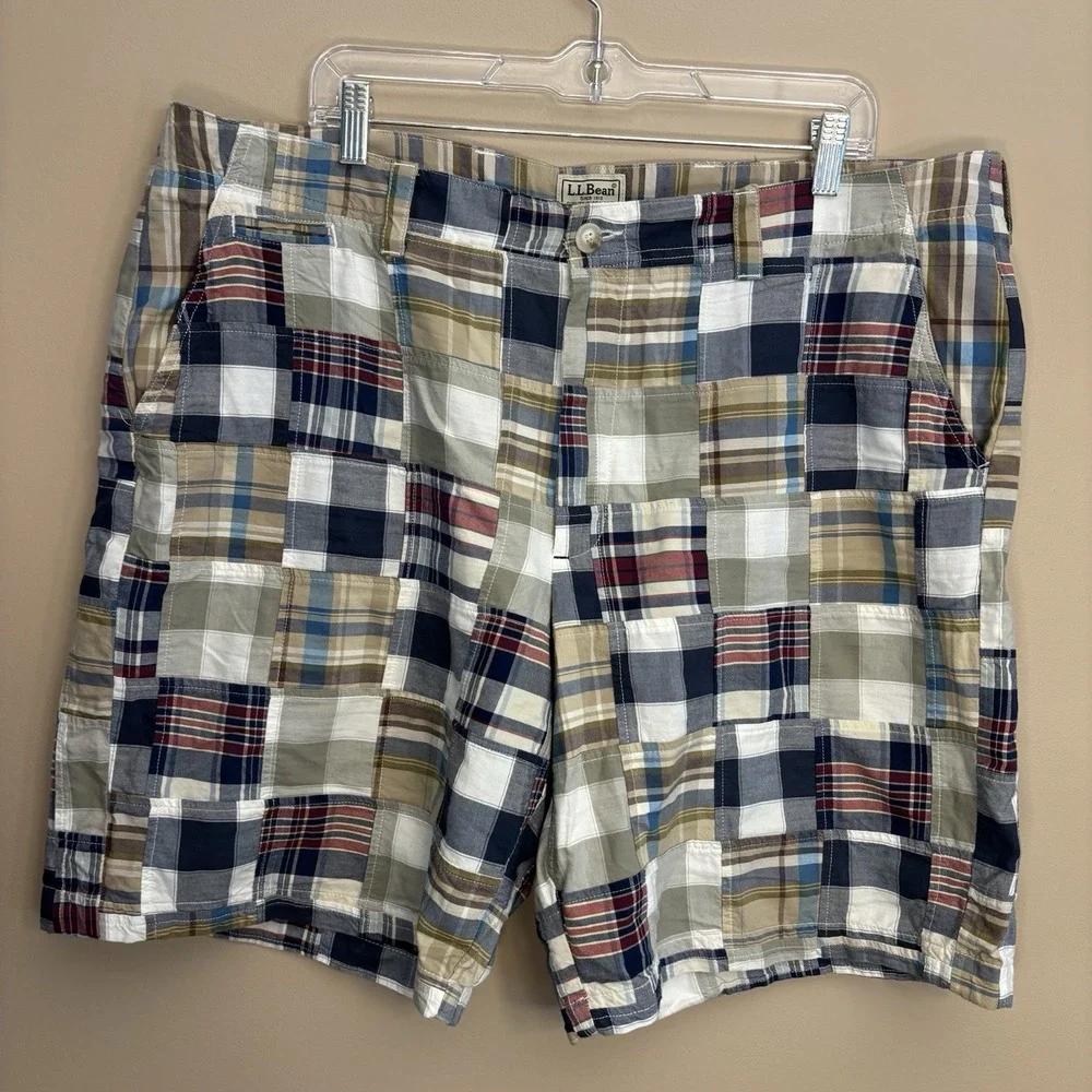 LL Bean Shorts Mens 40W Blue Plaid Madras‎ Patchwork Chino 9